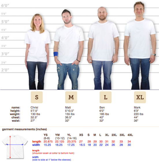 Men's Canvas Crew Neck T-shirt Sizing Chart